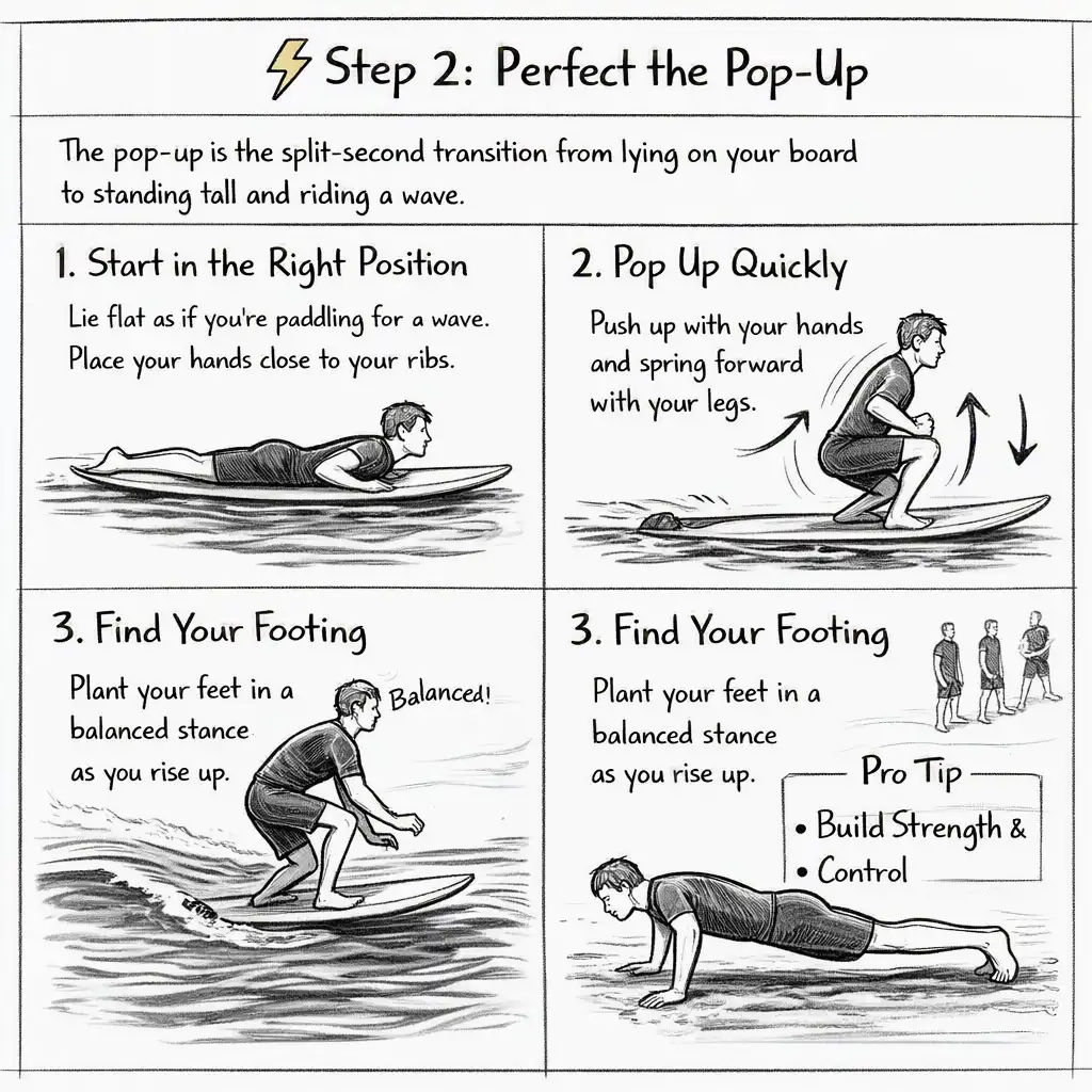 Surfer performing the perfect pop-up while catching a wave